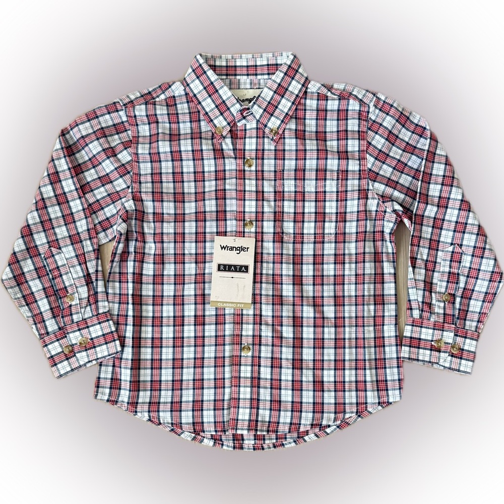 NWT Wrangler RIATA Western Plaid Button Up Shirt, Boys Size XS (4/5)